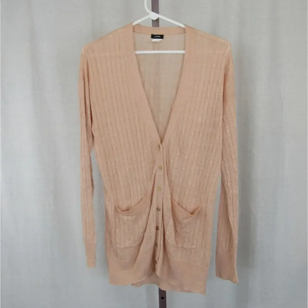 J.Crew Small 100% Linen Peachy Pink Lightweight Open Knit Cardigan Cable Knit